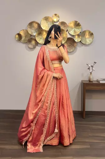 Womens Radiant Orange Hand-Embroidered Silk Lehenga Choli Set