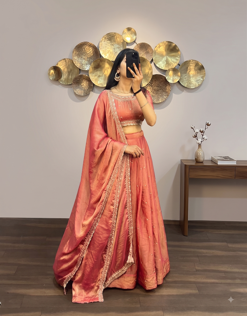 Womens Radiant Orange Hand-Embroidered Silk Lehenga Choli Set