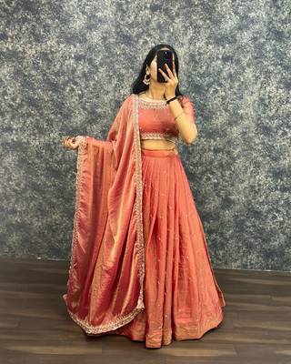 Womens Radiant Orange Hand-Embroidered Silk Lehenga Choli Set 3