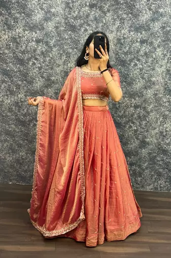 Womens Radiant Orange Hand-Embroidered Silk Lehenga Choli Set