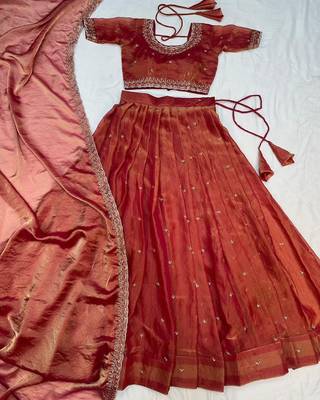 Womens Radiant Orange Hand-Embroidered Silk Lehenga Choli Set 4