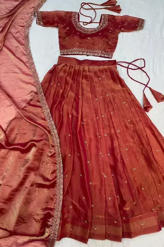 Womens Radiant Orange Hand-Embroidered Silk Lehenga Choli Set