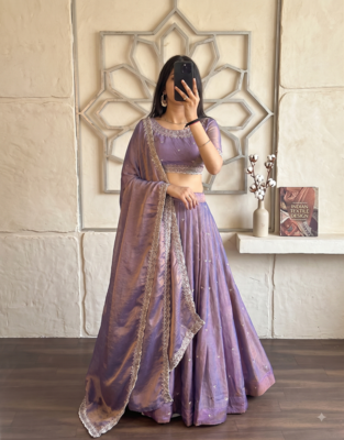 Womens Lavender Color Embroidered Silk Lehenga Choli Set 1