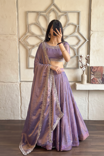 Womens Lavender Color Embroidered Silk Lehenga Choli Set