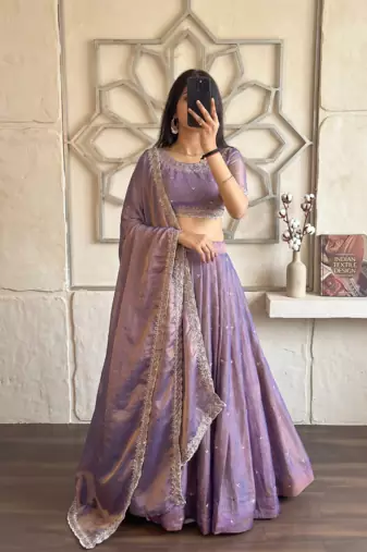 Womens Lavender Color Embroidered Silk Lehenga Choli Set
