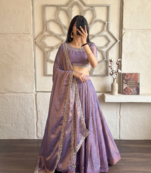 Womens Lavender Color Embroidered Silk Lehenga Choli Set