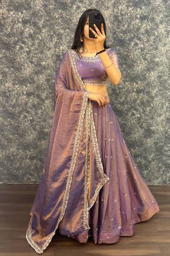 Womens New Trendy Radiant Purple Hand-Embroidered Silk Lehenga Choli Set