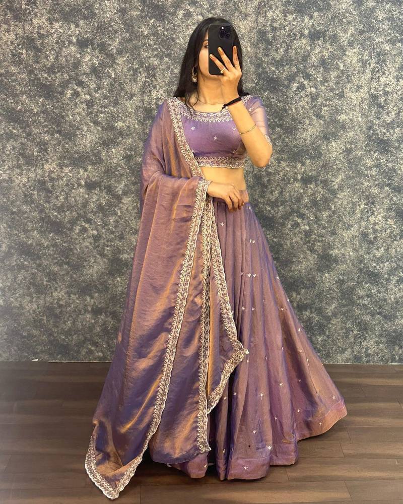 Womens New Trendy Radiant Purple Hand-Embroidered Silk Lehenga Choli Set
