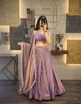 Womens Lavender Color Embroidered Silk Lehenga Choli Set 2
