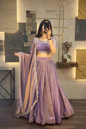 Womens Lavender Color Embroidered Silk Lehenga Choli Set