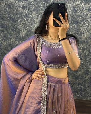 Womens Lavender Color Embroidered Silk Lehenga Choli Set 2