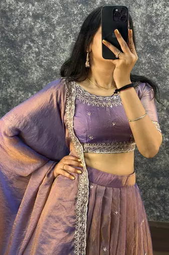 Womens Lavender Color Embroidered Silk Lehenga Choli Set