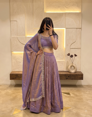 Womens Lavender Color Embroidered Silk Lehenga Choli Set 3