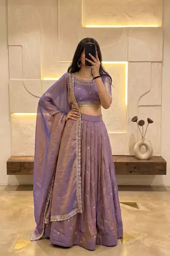 Womens Lavender Color Embroidered Silk Lehenga Choli Set