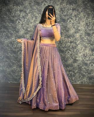 Womens Lavender Color Embroidered Silk Lehenga Choli Set 3