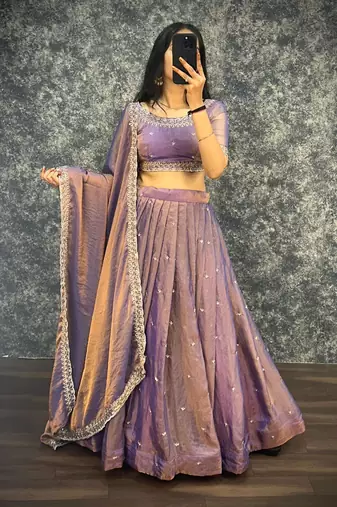 Womens Lavender Color Embroidered Silk Lehenga Choli Set