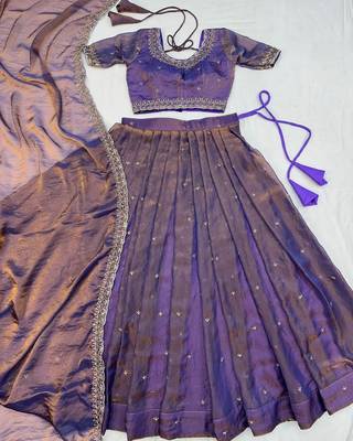 Womens Lavender Color Embroidered Silk Lehenga Choli Set 4
