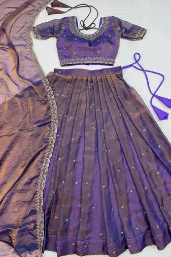 Womens Lavender Color Embroidered Silk Lehenga Choli Set