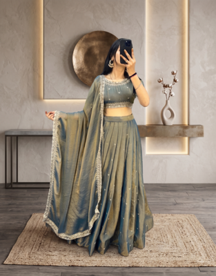 Womens Radiant Teal Hand-Embroidered Silk Lehenga Choli Set 1