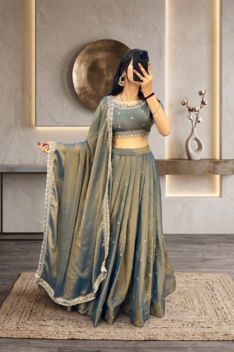 Womens Radiant Teal Hand-Embroidered Silk Lehenga Choli Set