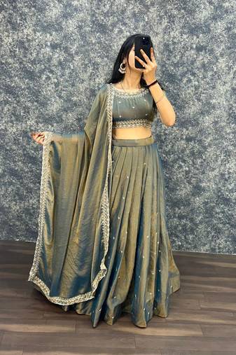 Womens New Trendy Radiant Teal Hand-Embroidered Silk Lehenga Choli Set