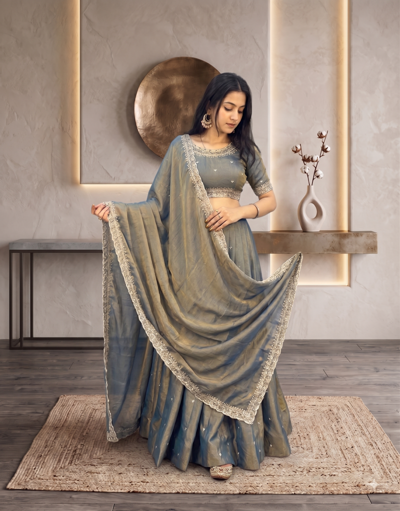 Womens Radiant Teal Hand-Embroidered Silk Lehenga Choli Set