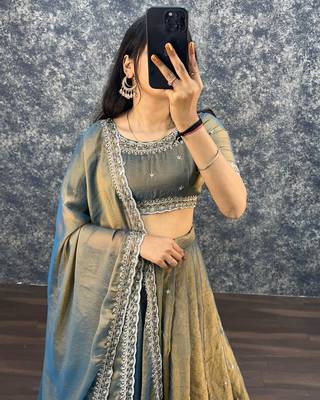 Womens Radiant Teal Hand-Embroidered Silk Lehenga Choli Set 2