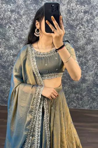 Womens Radiant Teal Hand-Embroidered Silk Lehenga Choli Set