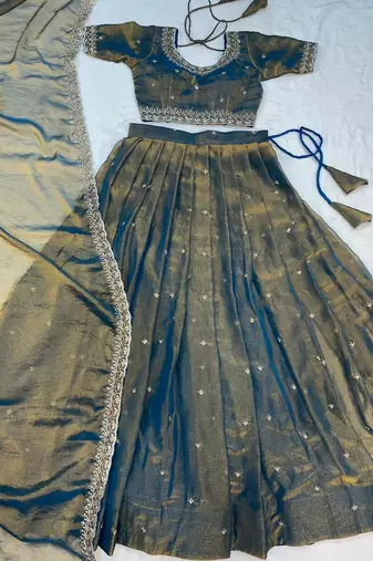 Womens Radiant Teal Hand-Embroidered Silk Lehenga Choli Set