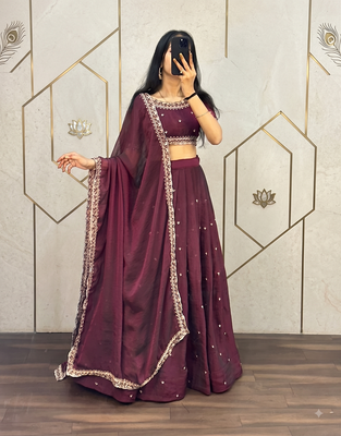 Womens Radiant Wine Hand-Embroidered Silk Lehenga Choli Set 1