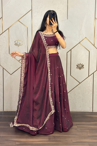 Womens Radiant Wine Hand-Embroidered Silk Lehenga Choli Set