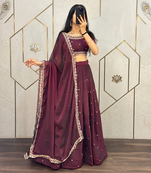 Womens Radiant Wine Hand-Embroidered Silk Lehenga Choli Set