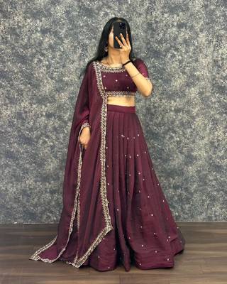 Womens Radiant Wine Hand-Embroidered Silk Lehenga Choli Set 1