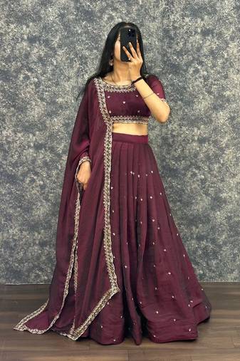 Womens New Trendy Radiant Wine Hand-Embroidered Silk Lehenga Choli Set