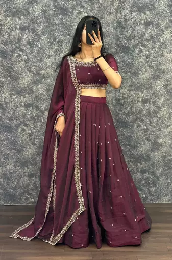 Womens New Trendy Radiant Wine Hand-Embroidered Silk Lehenga Choli Set
