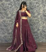 Womens New Trendy Radiant Wine Hand-Embroidered Silk Lehenga Choli Set