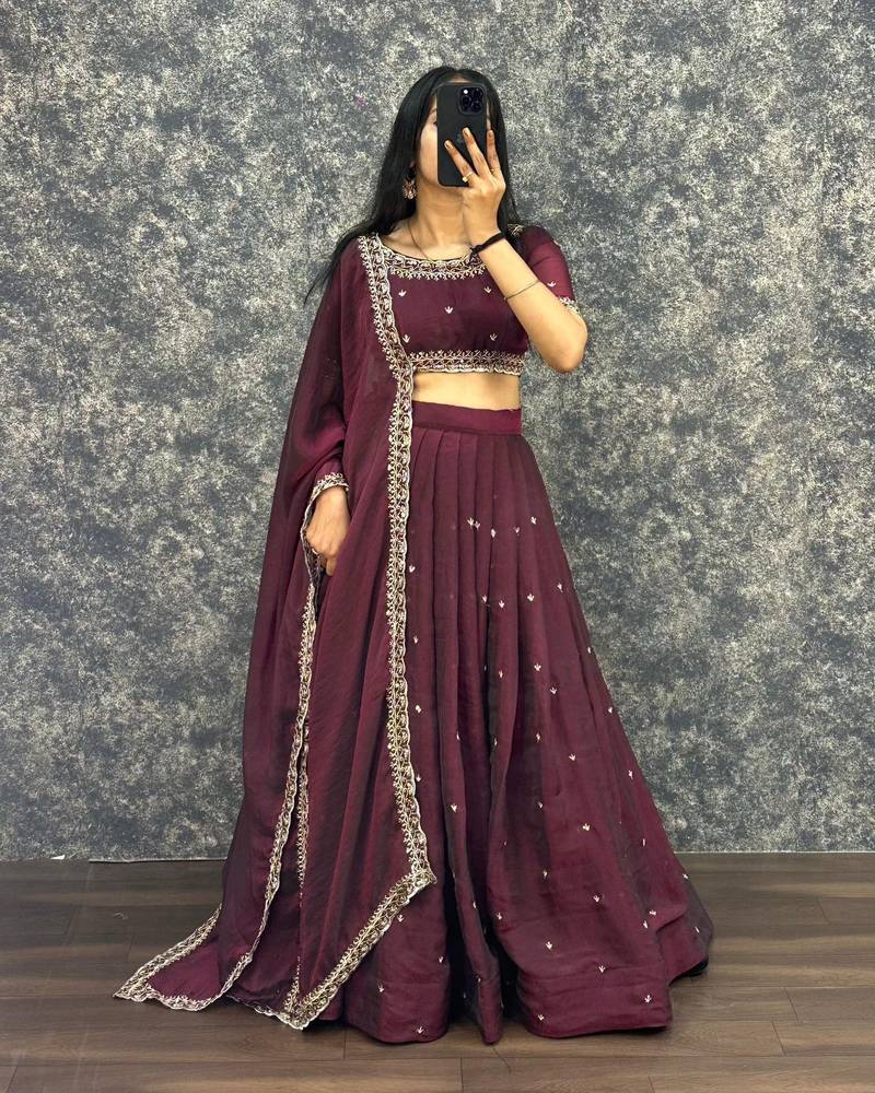 Womens New Trendy Radiant Wine Hand-Embroidered Silk Lehenga Choli Set
