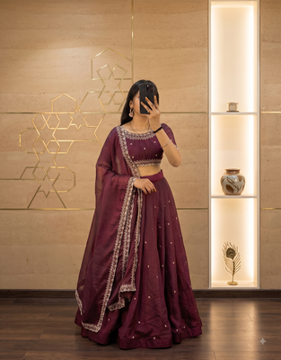 Womens Radiant Wine Hand-Embroidered Silk Lehenga Choli Set 2