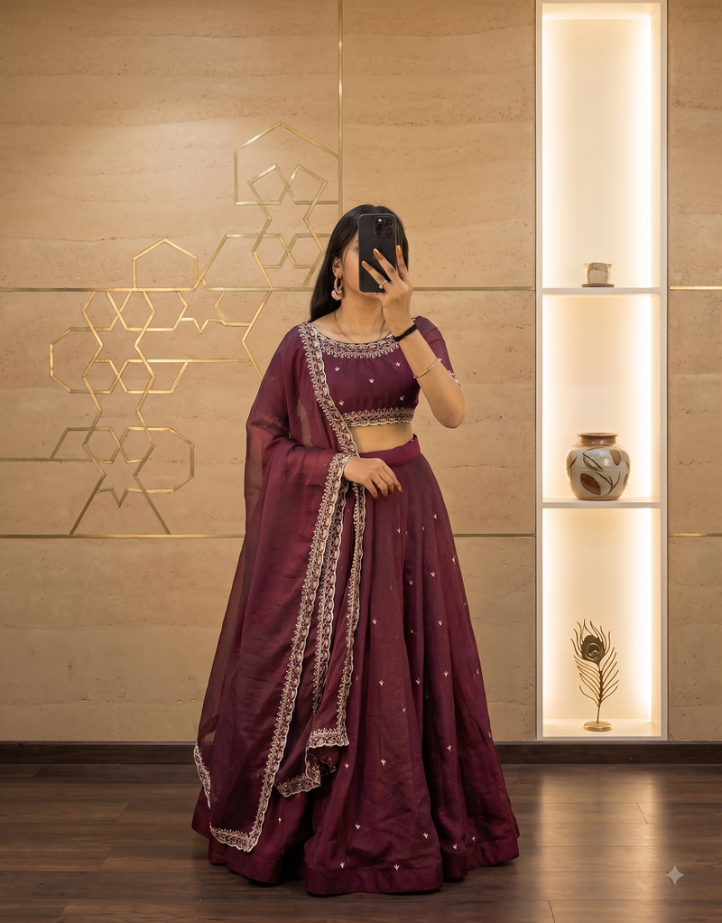 Womens Radiant Wine Hand-Embroidered Silk Lehenga Choli Set