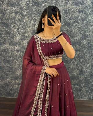Womens Radiant Wine Hand-Embroidered Silk Lehenga Choli Set 2