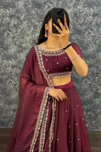 Womens Radiant Wine Hand-Embroidered Silk Lehenga Choli Set