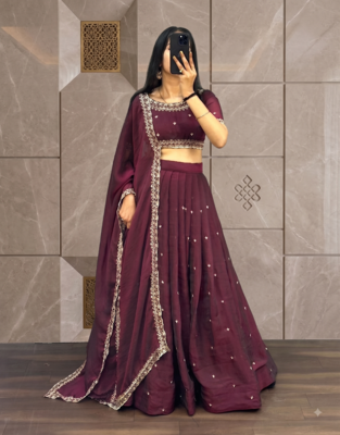 Womens Radiant Wine Hand-Embroidered Silk Lehenga Choli Set 3
