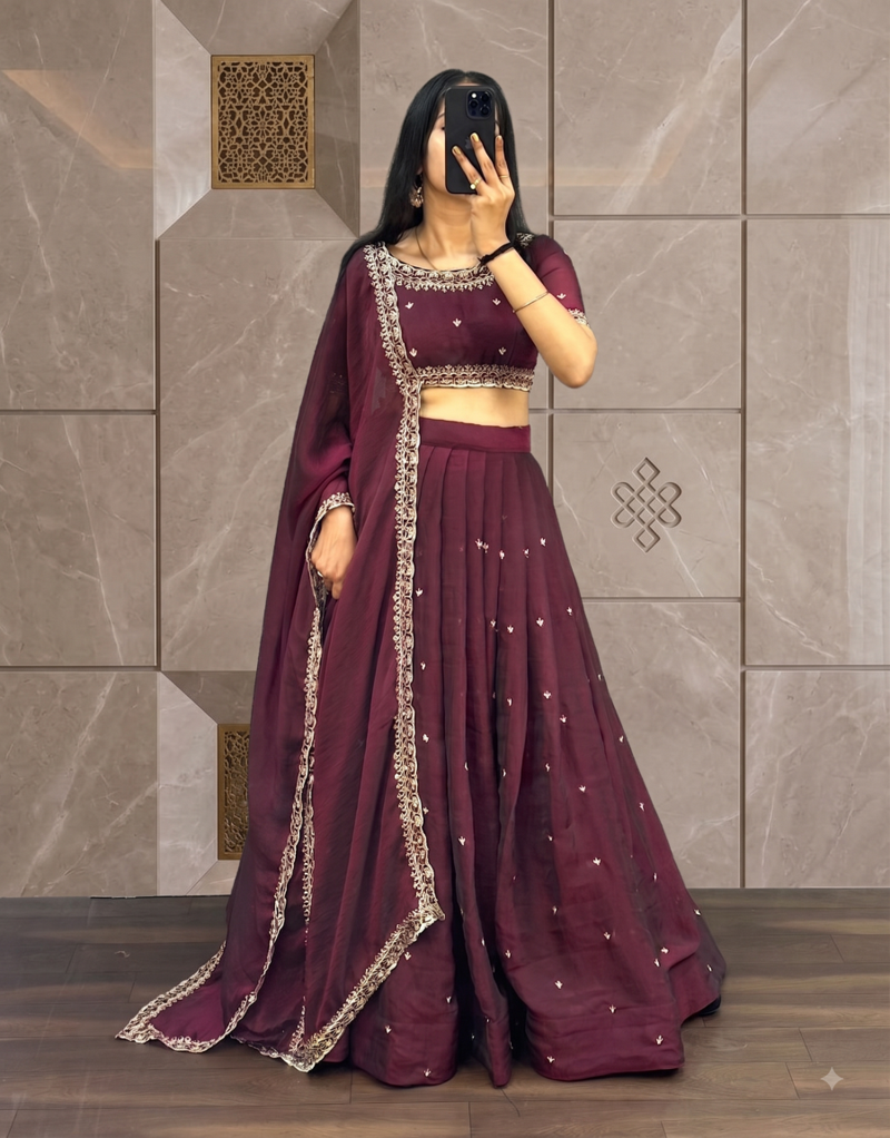 Womens Radiant Wine Hand-Embroidered Silk Lehenga Choli Set