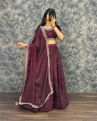 Womens Radiant Wine Hand-Embroidered Silk Lehenga Choli Set 3