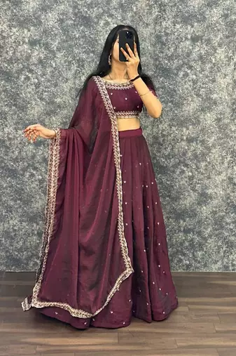 Womens Radiant Wine Hand-Embroidered Silk Lehenga Choli Set
