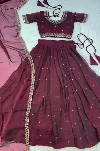 Womens Radiant Wine Hand-Embroidered Silk Lehenga Choli Set