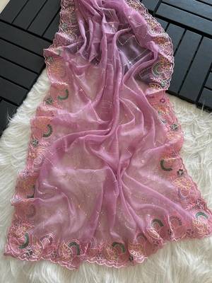 Pink Color embroidery sequins and detailed border work  chiffon saree  1