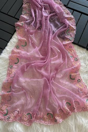 Pink Color embroidery sequins and detailed border work  chiffon saree 