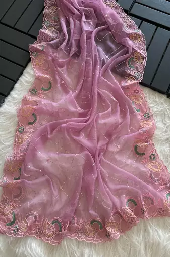 Pink Color embroidery sequins and detailed border work  chiffon saree 
