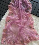 Pink Color embroidery sequins and detailed border work  chiffon saree 